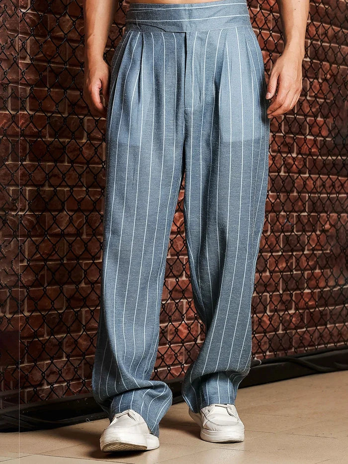 House Of Koala Blue Striped Linen Blend Trousers with Double Pleated Front