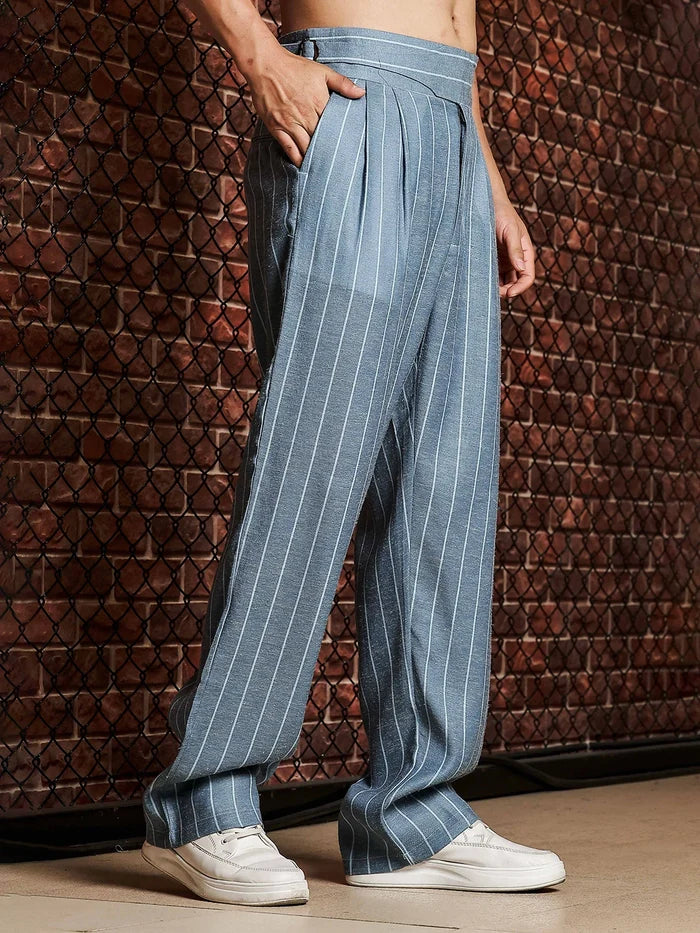 House Of Koala Blue Striped Linen Blend Trousers with Double Pleated Front