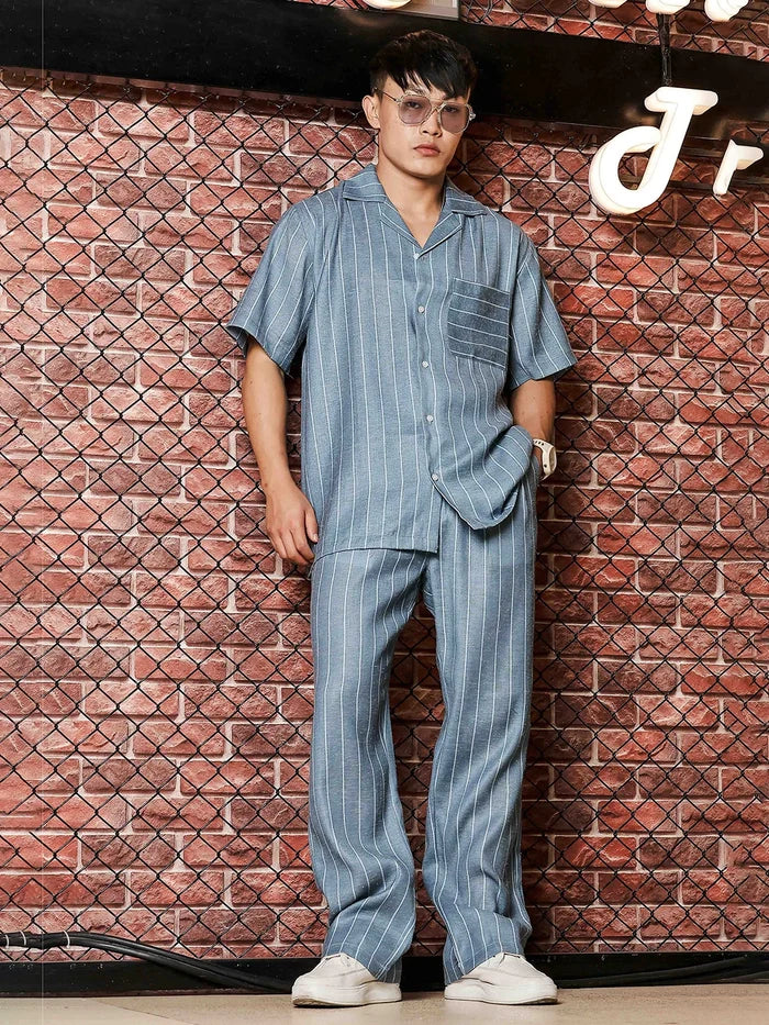 House Of Koala Blue Striped Linen Blend Trousers with Double Pleated Front