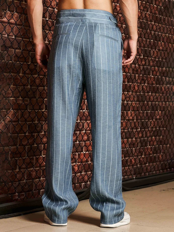 House Of Koala Blue Striped Linen Blend Trousers with Double Pleated Front
