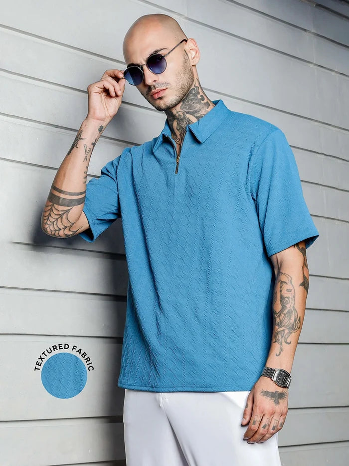 House Of Koala Blue Textured Polo Neck T-Shirt