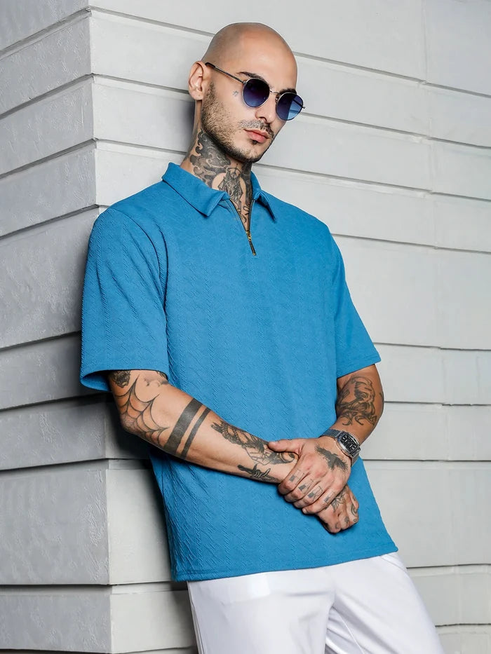 House Of Koala Blue Textured Polo Neck T-Shirt