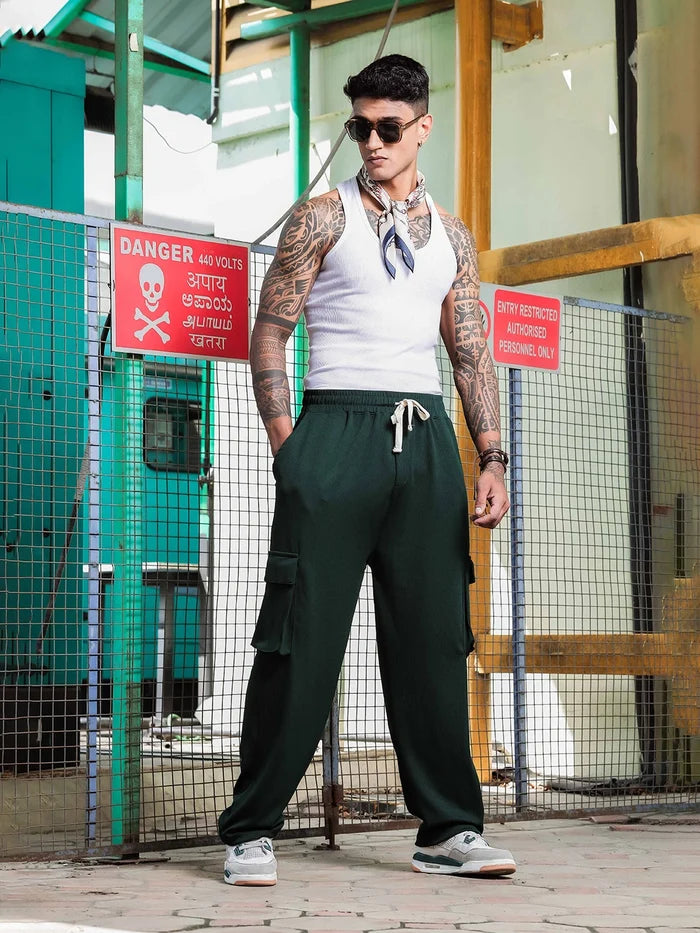 House Of Koala Bottle Green Ribbed Relaxed-Fit Mid-Rise Cargo Track Pant