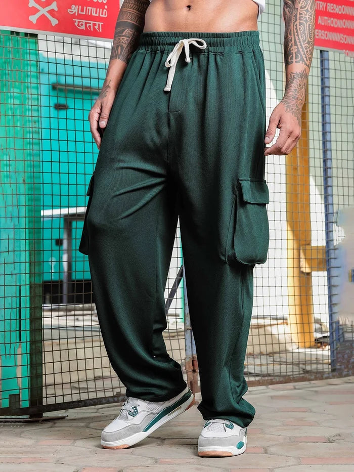 House Of Koala Bottle Green Ribbed Relaxed-Fit Mid-Rise Cargo Track Pant