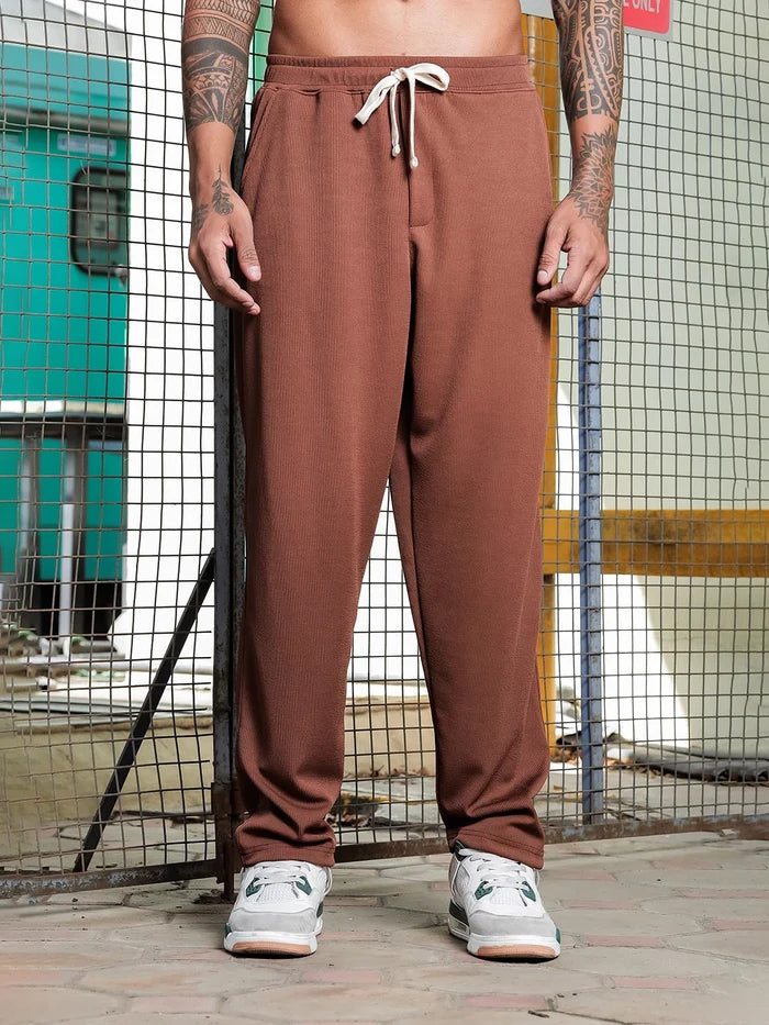 House Of Koala Brown Ribbed Relaxed-Fit Mid-Rise Track Pant