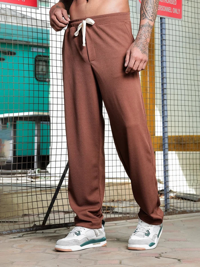House Of Koala Brown Ribbed Relaxed-Fit Mid-Rise Track Pant
