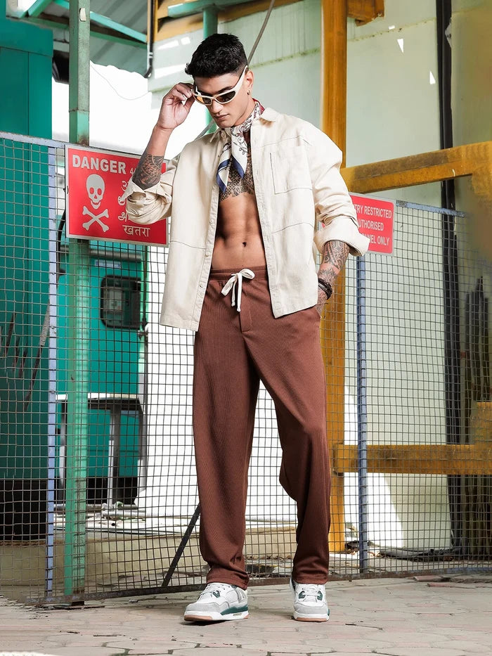 House Of Koala Brown Ribbed Relaxed-Fit Mid-Rise Track Pant