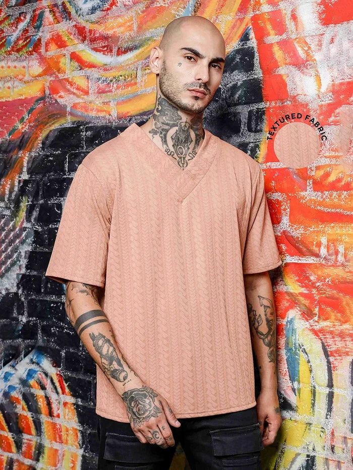 House Of Koala Brown Textured V-Neck Oversized T-Shirt