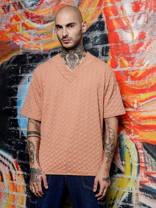 House Of Koala Brown Textured V-Neck Oversized T-Shirt