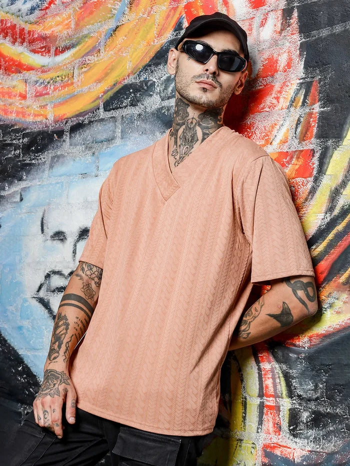House Of Koala Brown Textured V-Neck Oversized T-Shirt