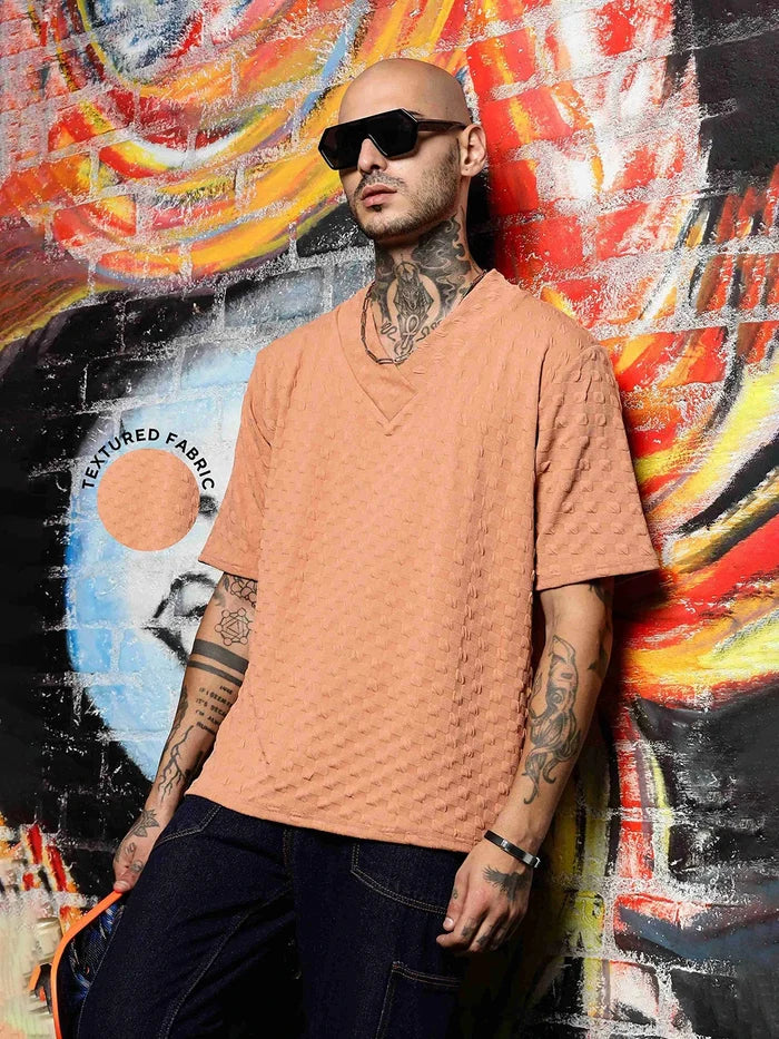 House Of Koala Brown Textured V-Neck Oversized T-Shirt