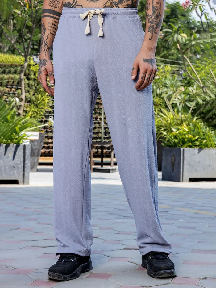 House Of Koala Grey Textured Relaxed-Fit Mid-Rise Track Pant