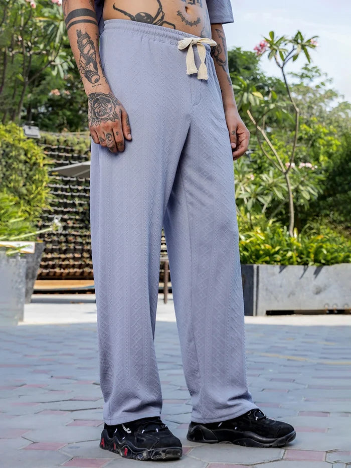 House Of Koala Grey Textured Relaxed-Fit Mid-Rise Track Pant
