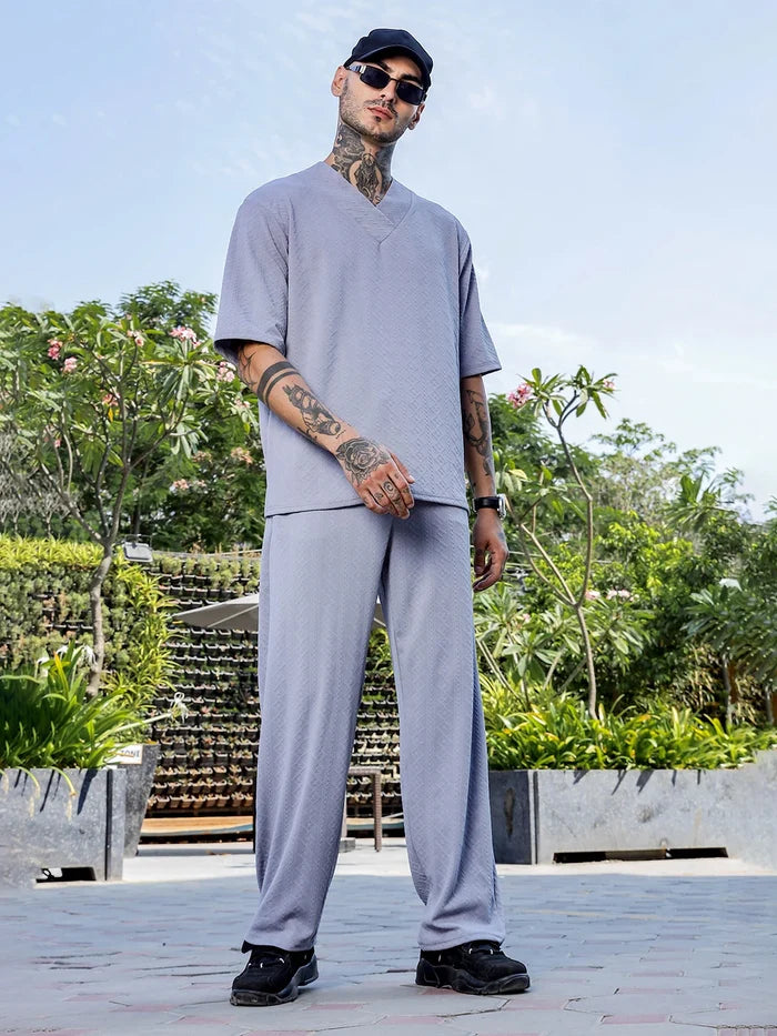 House Of Koala Grey Textured Relaxed-Fit Mid-Rise Track Pant