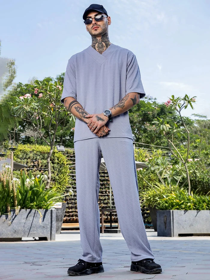 House Of Koala Grey Textured Relaxed-Fit Mid-Rise Track Pant