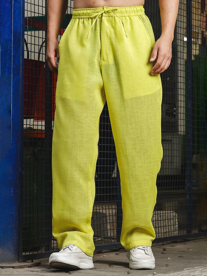 House Of Koala Lime Green Solid Linen-Blend Relaxed Fit Trousers