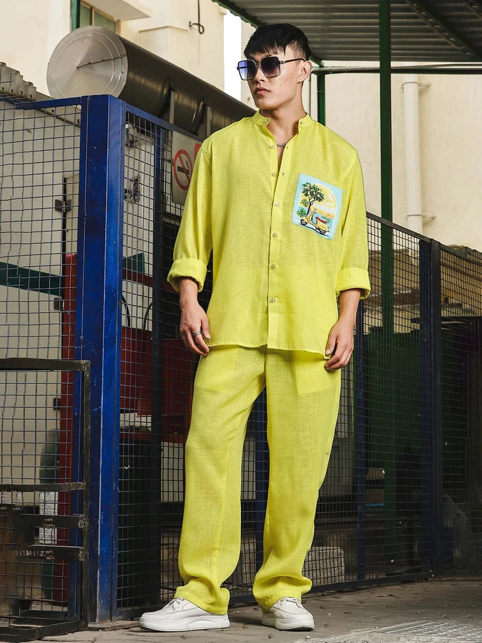 House Of Koala Lime Green Solid Linen-Blend Relaxed Fit Trousers