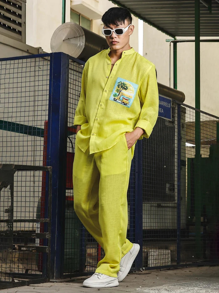 House Of Koala Lime Green Solid Linen-Blend Relaxed Fit Trousers