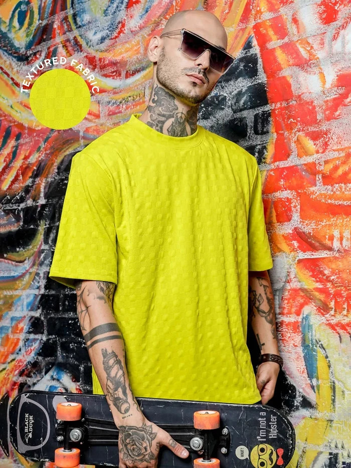 House Of Koala Lime Green Textured Round Neck Oversized T-Shirt