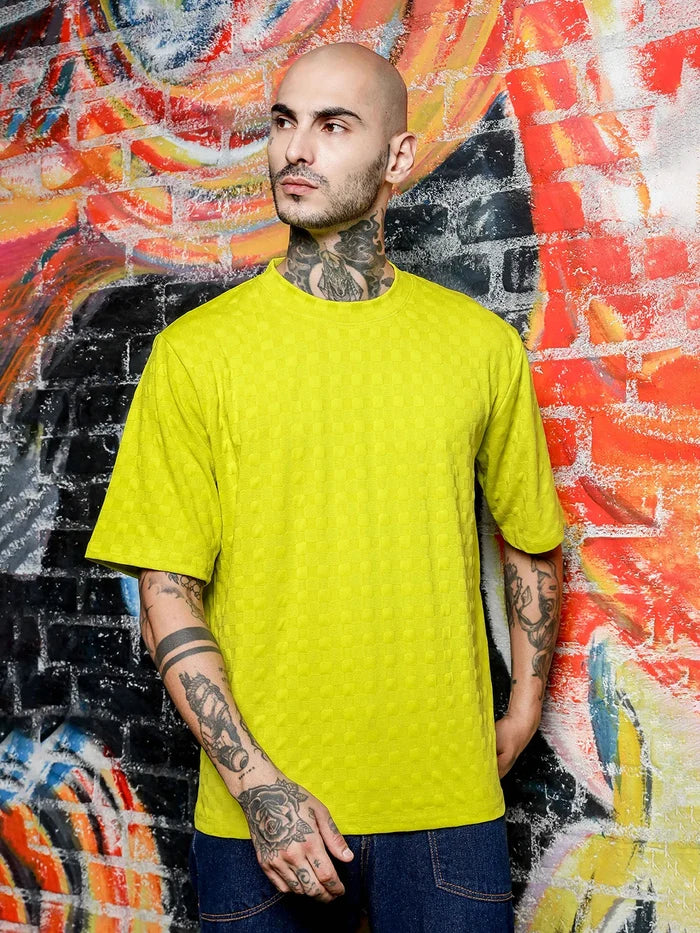 House Of Koala Lime Green Textured Round Neck Oversized T-Shirt