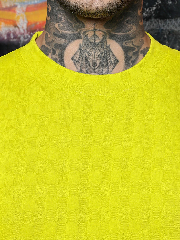 House Of Koala Lime Green Textured Round Neck Oversized T-Shirt