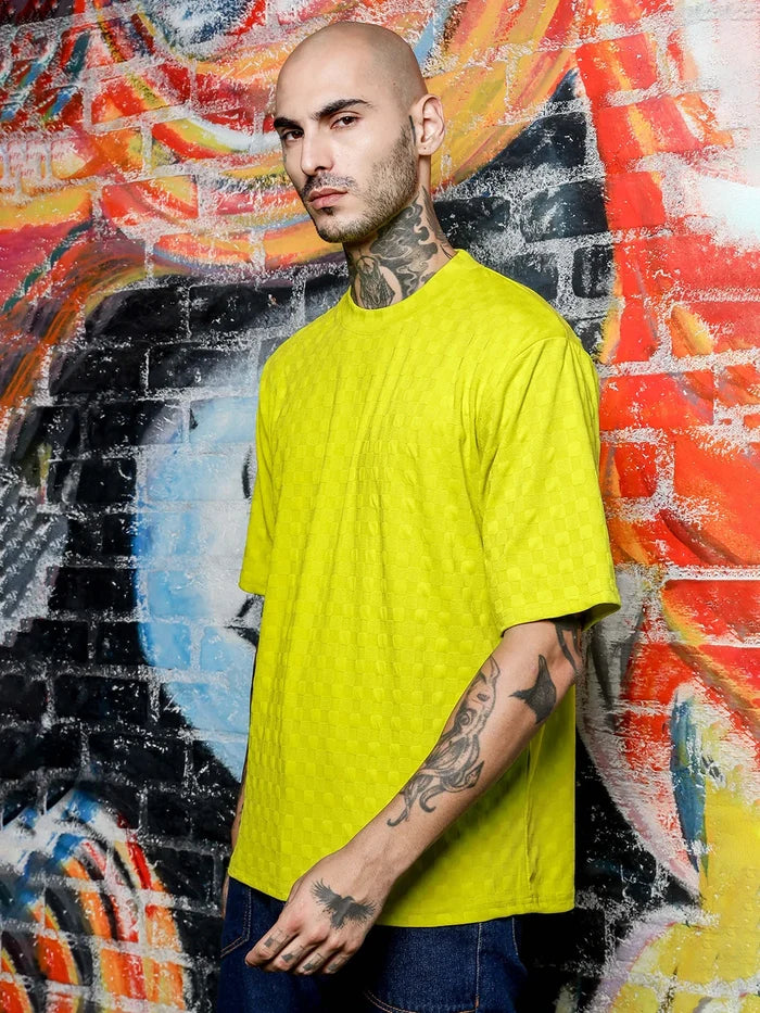 House Of Koala Lime Green Textured Round Neck Oversized T-Shirt