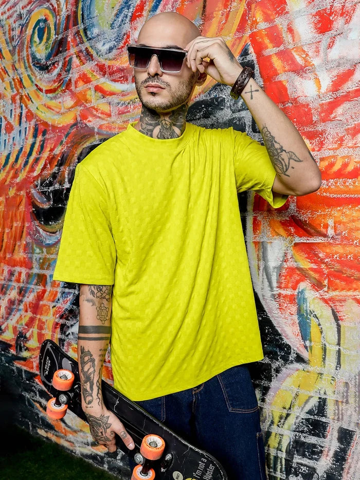 House Of Koala Lime Green Textured Round Neck Oversized T-Shirt