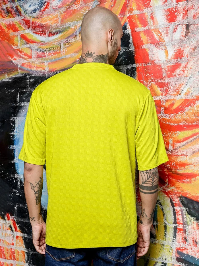 House Of Koala Lime Green Textured Round Neck Oversized T-Shirt