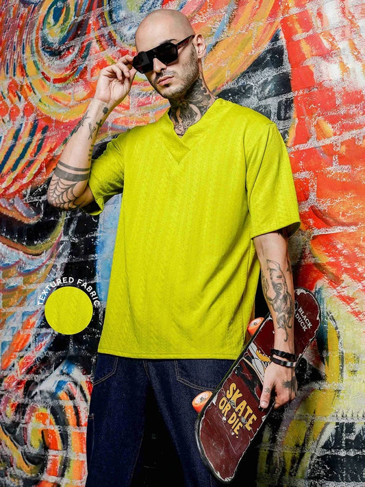 House Of Koala Lime Green Textured V-Neck Oversized T-Shirt