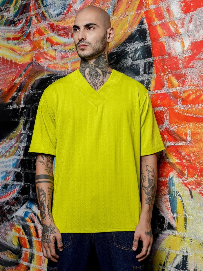 House Of Koala Lime Green Textured V-Neck Oversized T-Shirt