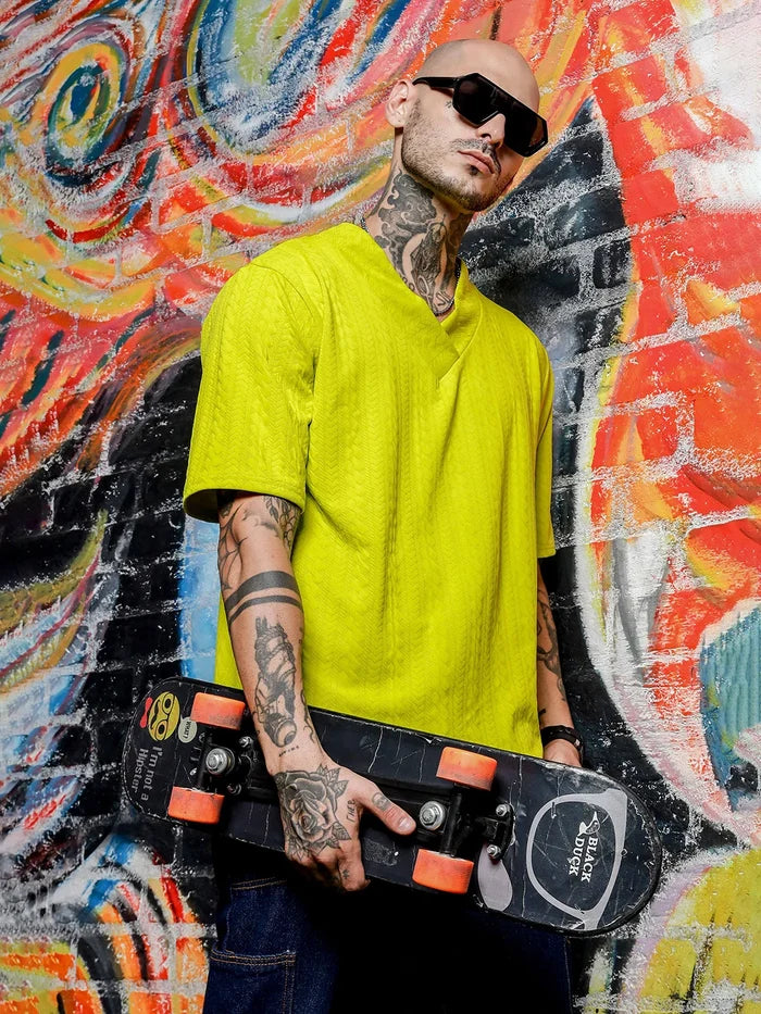House Of Koala Lime Green Textured V-Neck Oversized T-Shirt