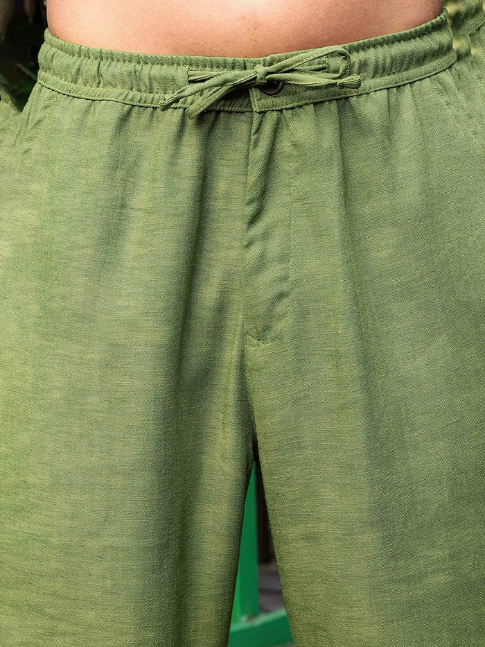 House Of Koala Matcha-Olive Linen Blend Solid Relaxed Fit All Day Trousers