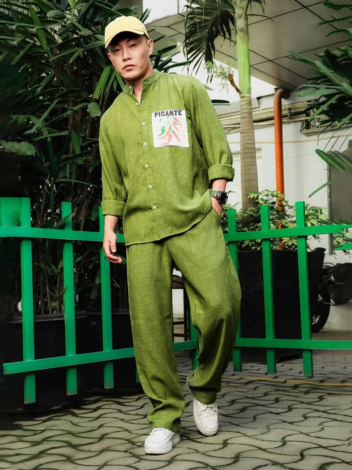 House Of Koala Matcha-Olive Linen Blend Solid Relaxed Fit All Day Trousers