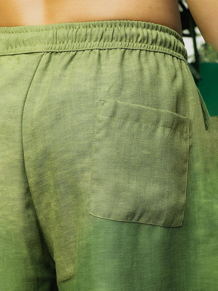 House Of Koala Matcha-Olive Linen Blend Solid Relaxed Fit All Day Trousers