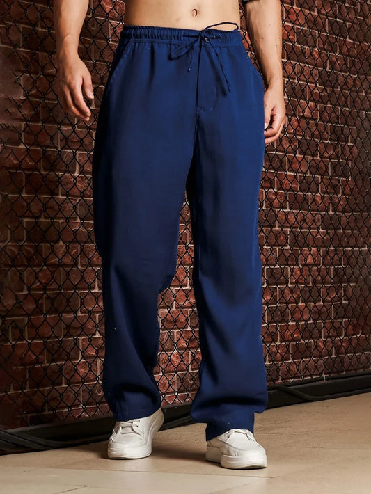 House Of Koala Navy Solid Linen Blend Relaxed Fit Trousers