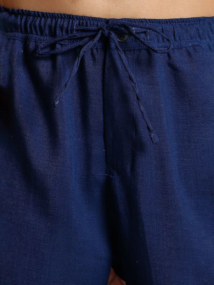 House Of Koala Navy Solid Linen Blend Relaxed Fit Trousers