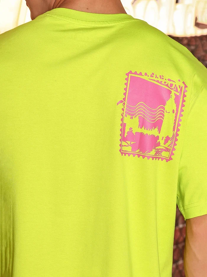 House Of Koala Neon Green Oversized Printed Drop-Shoulder Sleeve Pure Cotton T-Shirt
