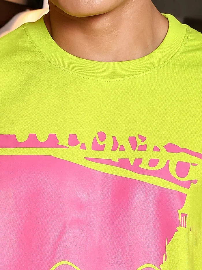 House Of Koala Neon Green Oversized Printed Drop-Shoulder Sleeve Pure Cotton T-Shirt