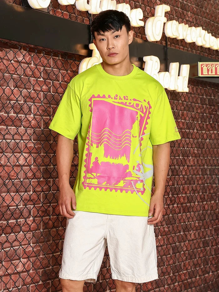 House Of Koala Neon Green Oversized Printed Drop-Shoulder Sleeve Pure Cotton T-Shirt
