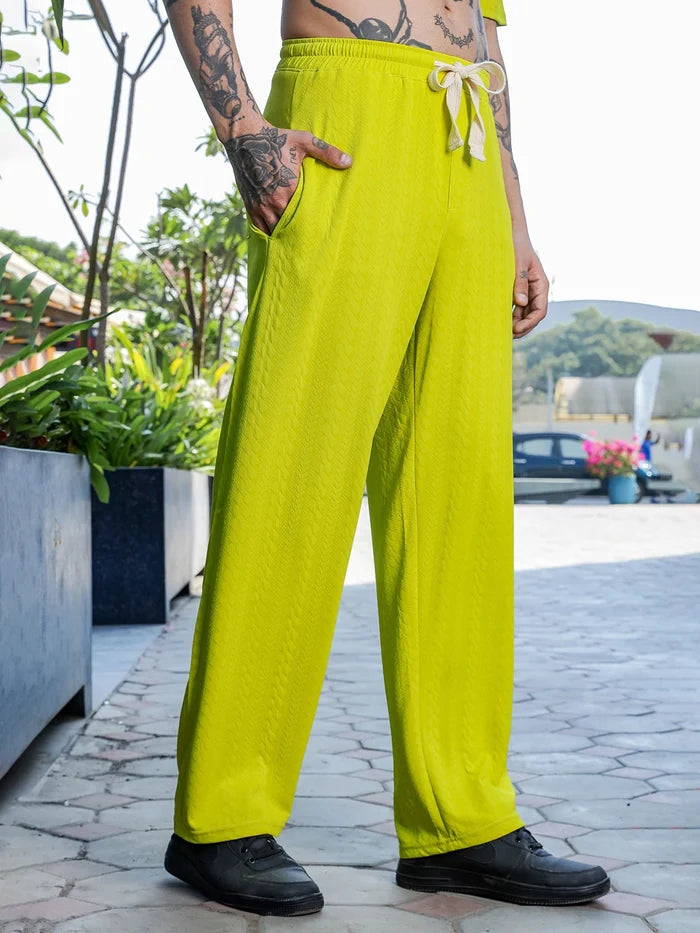 House Of Koala Neon Green Textured Relaxed-Fit Mid-Rise Track Pant