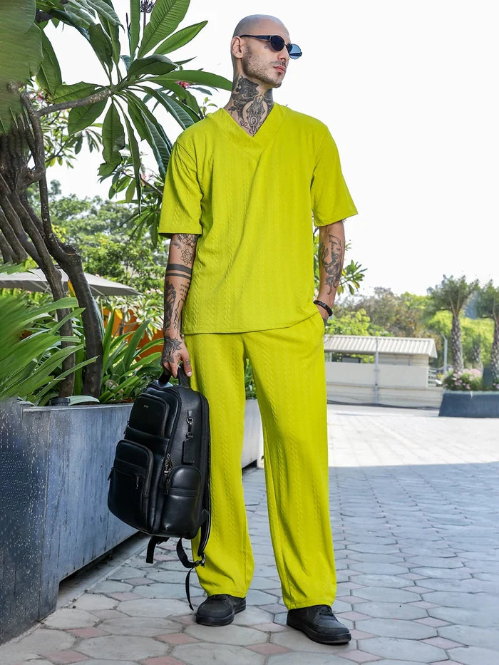 House Of Koala Neon Green Textured Relaxed-Fit Mid-Rise Track Pant