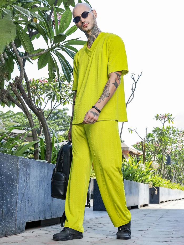 House Of Koala Neon Green Textured Relaxed-Fit Mid-Rise Track Pant