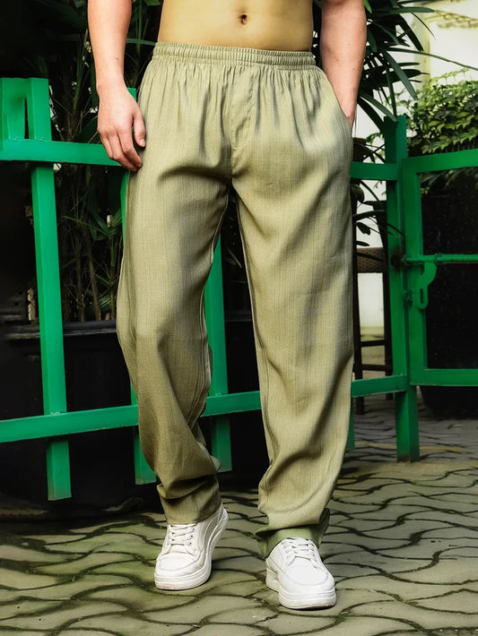 House Of Koala Olive Solid Relaxed Fit All Day Premium Trousers