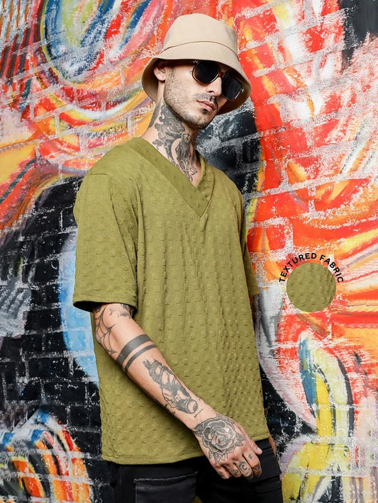 House Of Koala olive Textured V-Neck Oversized T-Shirt