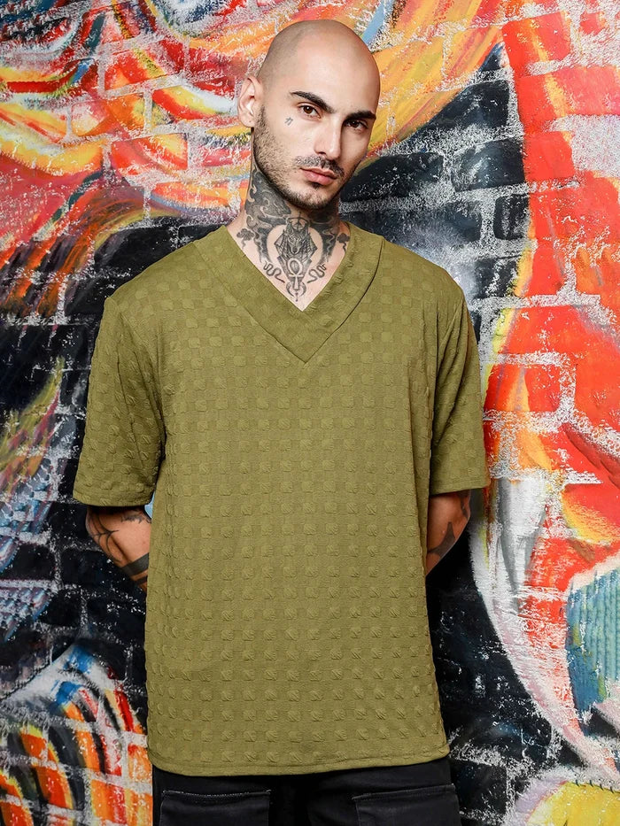 House Of Koala olive Textured V-Neck Oversized T-Shirt
