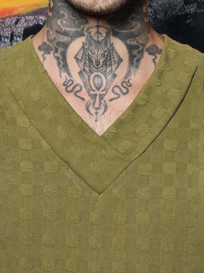 House Of Koala olive Textured V-Neck Oversized T-Shirt