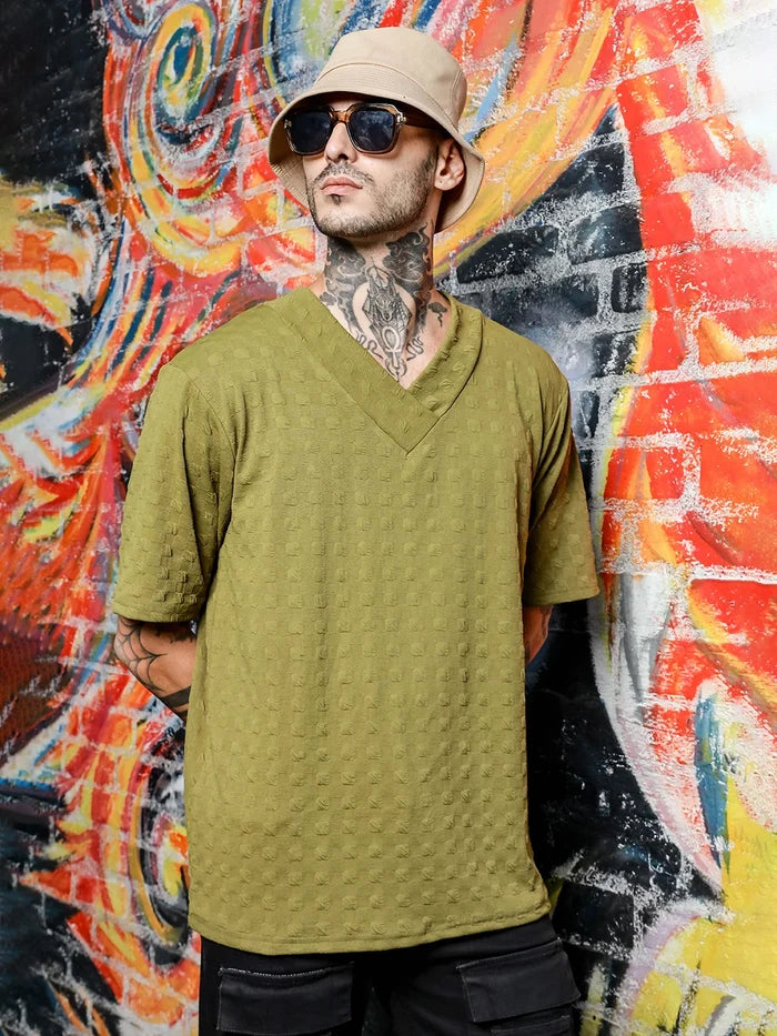 House Of Koala olive Textured V-Neck Oversized T-Shirt