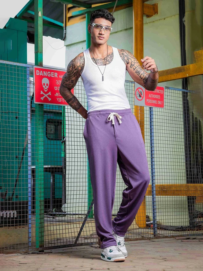House Of Koala Purple Ribbed Relaxed-Fit Mid-Rise Track Pant