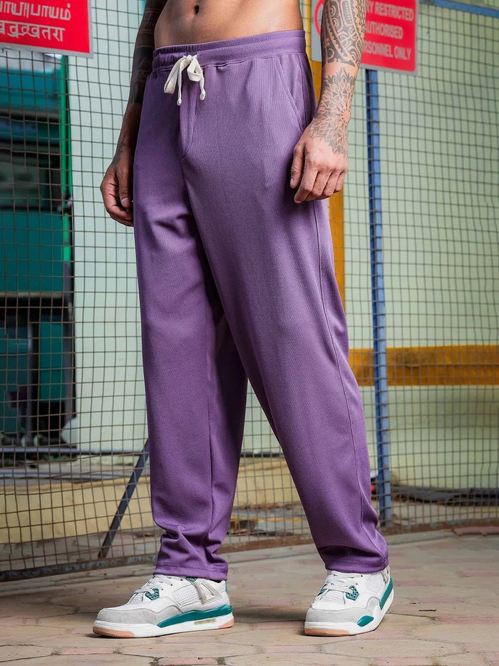 House Of Koala Purple Ribbed Relaxed-Fit Mid-Rise Track Pant