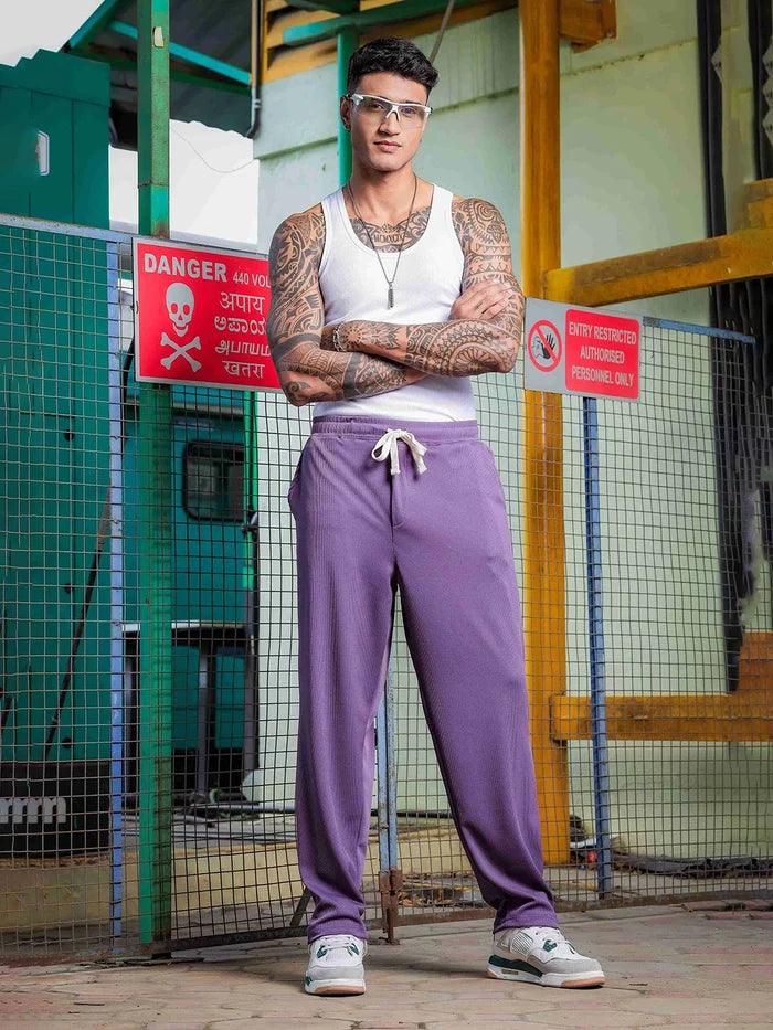 House Of Koala Purple Ribbed Relaxed-Fit Mid-Rise Track Pant
